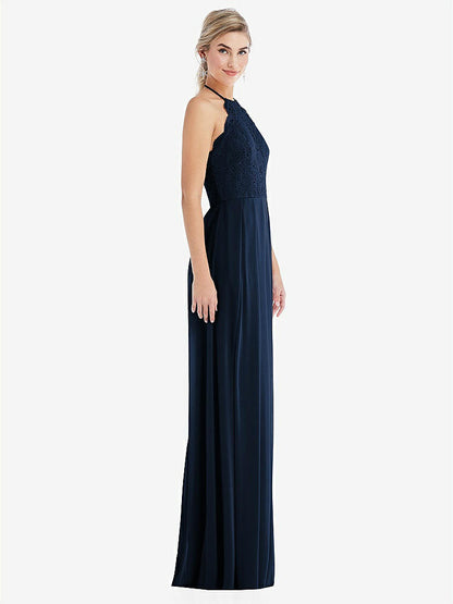 【STYLE: TH053】Tie-Neck Lace Halter Pleated Skirt Maxi Dress【COLOR: Midnight Navy】