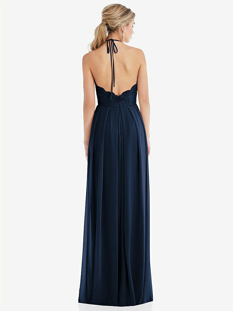 【STYLE: TH053】Tie-Neck Lace Halter Pleated Skirt Maxi Dress【COLOR: Midnight Navy】