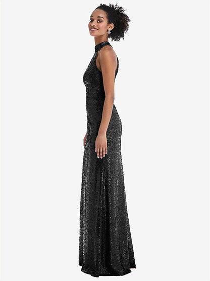 【STYLE: TH054】Stand Collar Halter Sequin Trumpet Gown【COLOR: Black】