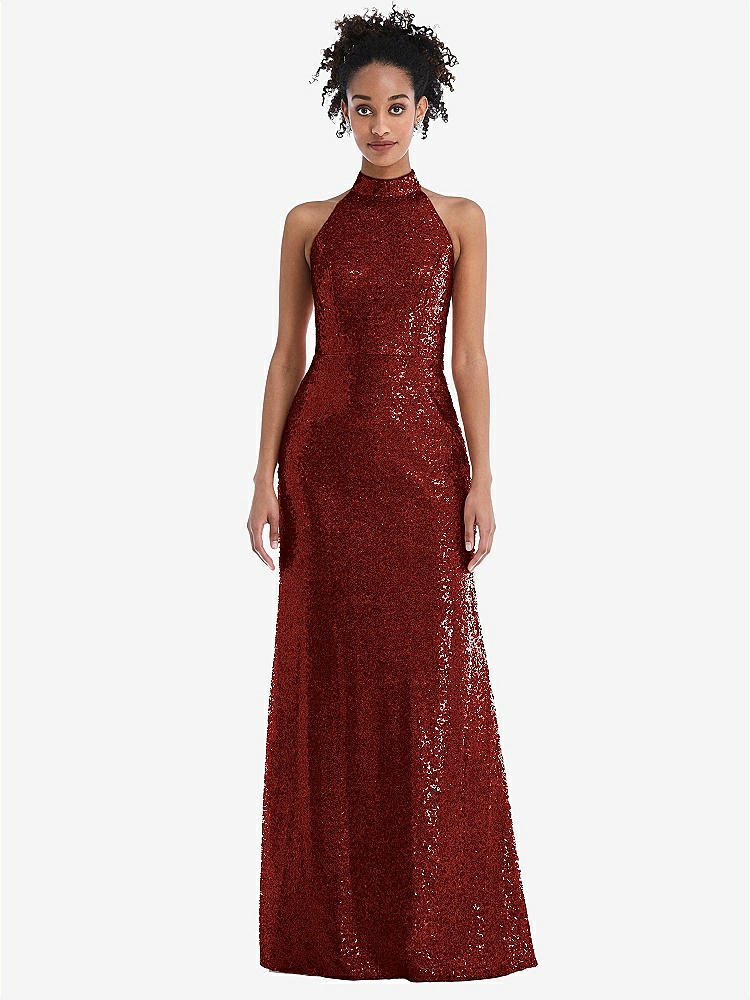 【STYLE: TH054】Stand Collar Halter Sequin Trumpet Gown【COLOR: Burgundy】