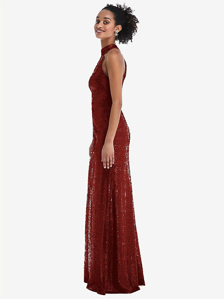 【STYLE: TH054】Stand Collar Halter Sequin Trumpet Gown【COLOR: Burgundy】