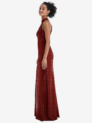 【NEW】【STYLE: TH054】スタンド 襟 ホルター スパンコール トランペット ガウン【COLOR: Burgundy】【SIZE: 00-30W】