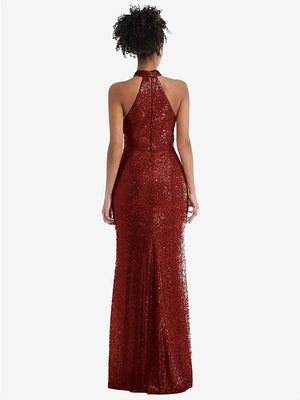 【NEW】【STYLE: TH054】スタンド 襟 ホルター スパンコール トランペット ガウン【COLOR: Burgundy】【SIZE: 00-30W】