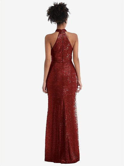 【STYLE: TH054】Stand Collar Halter Sequin Trumpet Gown【COLOR: Burgundy】