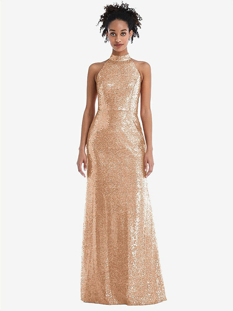 【STYLE: TH054】Stand Collar Halter Sequin Trumpet Gown【COLOR: Copper Rose】