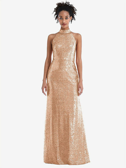 【STYLE: TH054】Stand Collar Halter Sequin Trumpet Gown【COLOR: Copper Rose】