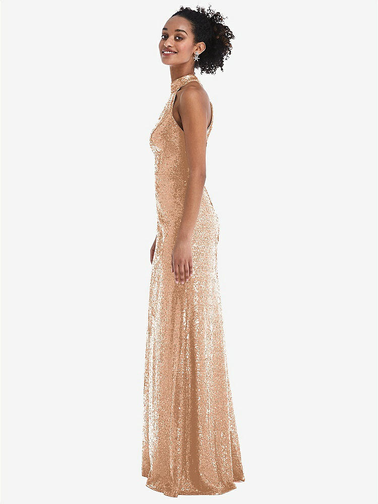 【STYLE: TH054】Stand Collar Halter Sequin Trumpet Gown【COLOR: Copper Rose】