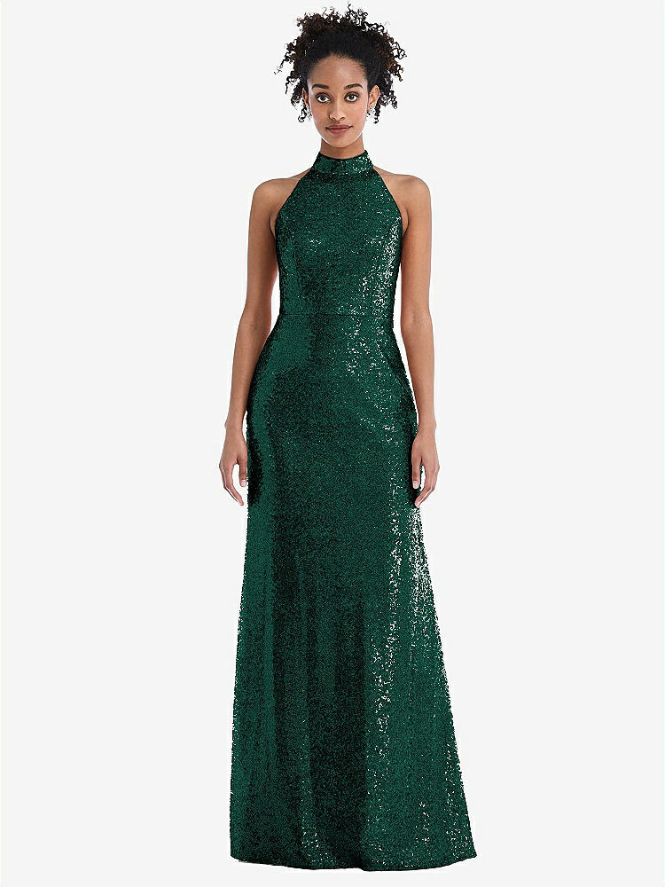 【STYLE: TH054】Stand Collar Halter Sequin Trumpet Gown【COLOR: Hunter Green】