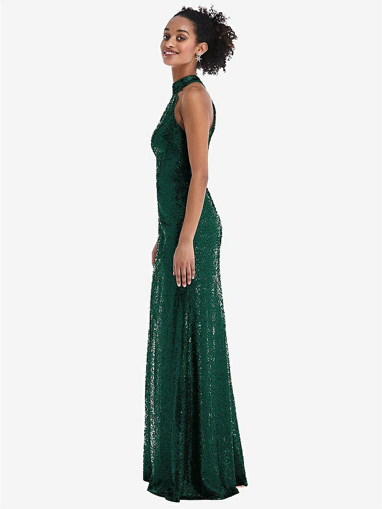 【STYLE: TH054】Stand Collar Halter Sequin Trumpet Gown【COLOR: Hunter Green】
