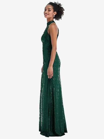 【STYLE: TH054】Stand Collar Halter Sequin Trumpet Gown【COLOR: Hunter Green】
