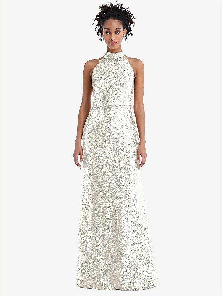 【STYLE: TH054】Stand Collar Halter Sequin Trumpet Gown【COLOR: Ivory】