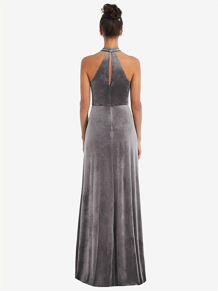 【STYLE: TH055】High-Neck Halter Velvet Maxi Dress with Front Slit【COLOR: Caviar Gray】