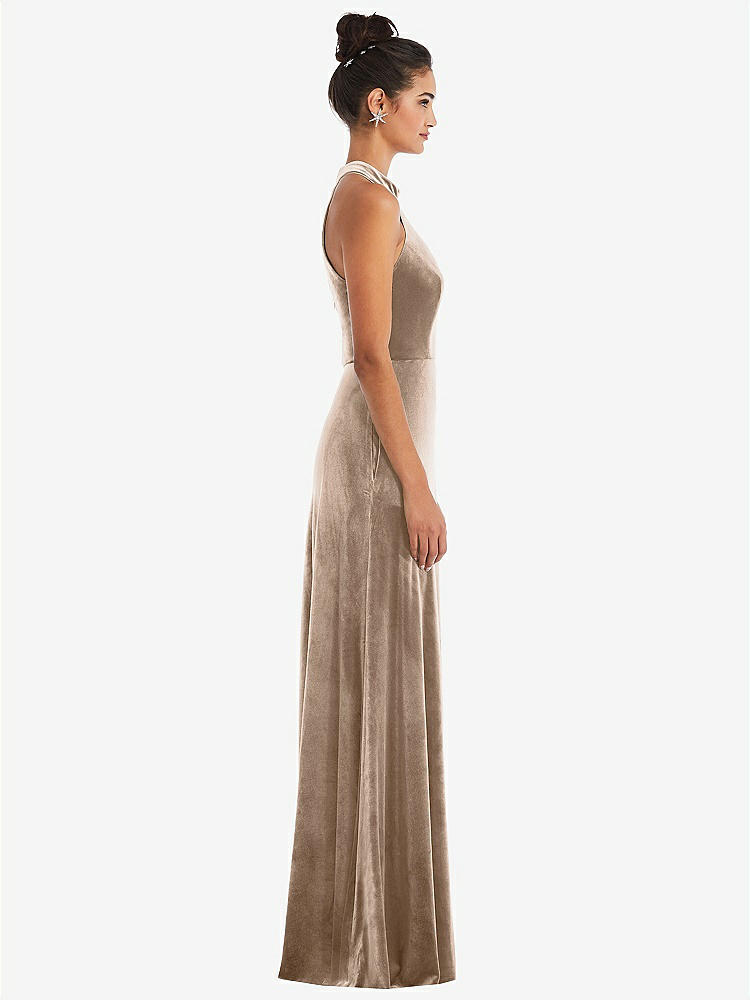 【STYLE: TH055】High-Neck Halter Velvet Maxi Dress with Front Slit【COLOR: Topaz】