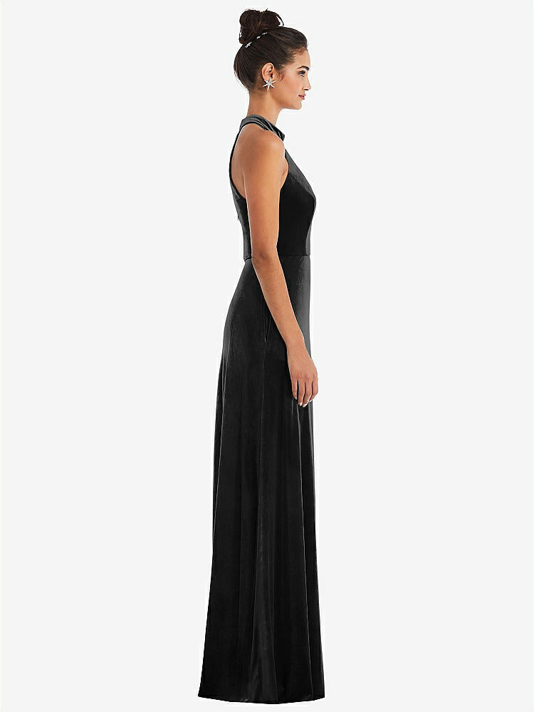【STYLE: TH055】High-Neck Halter Velvet Maxi Dress with Front Slit【COLOR: Black】