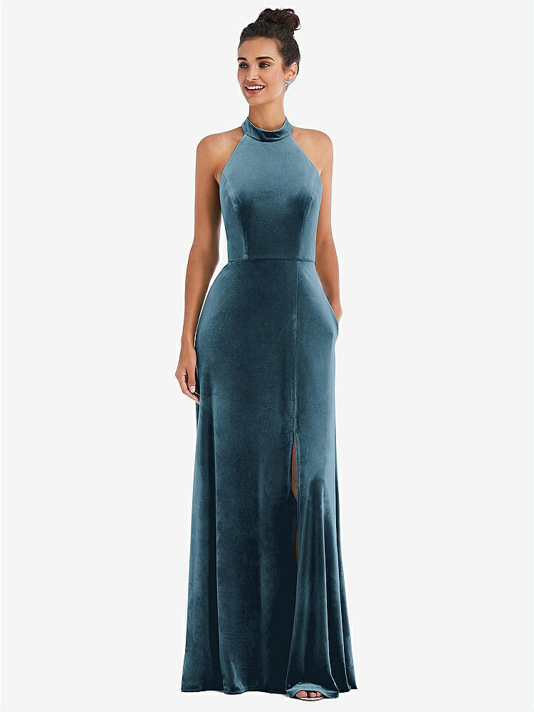 【STYLE: TH055】High-Neck Halter Velvet Maxi Dress with Front Slit【COLOR: Dutch Blue】