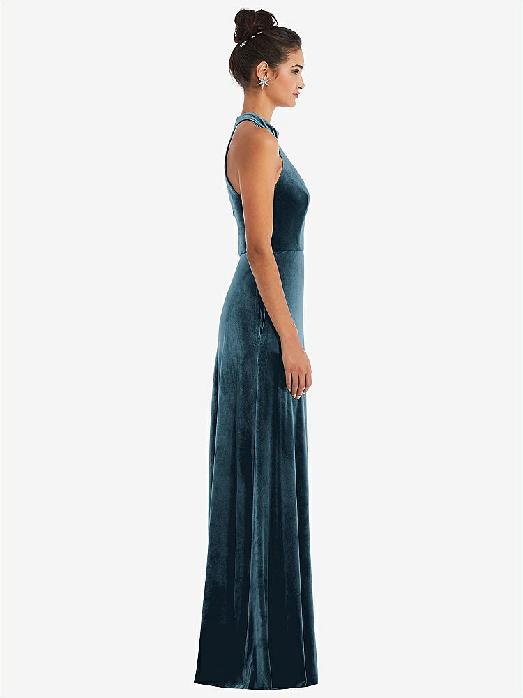 【STYLE: TH055】High-Neck Halter Velvet Maxi Dress with Front Slit【COLOR: Dutch Blue】