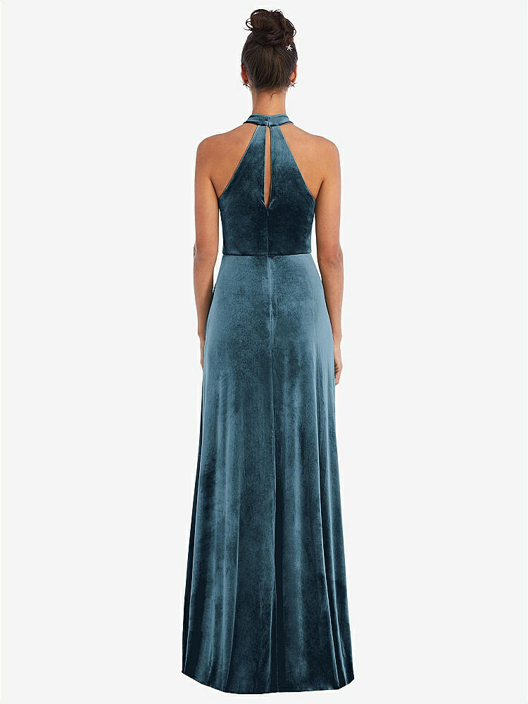 【STYLE: TH055】High-Neck Halter Velvet Maxi Dress with Front Slit【COLOR: Dutch Blue】