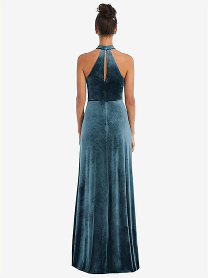 【STYLE: TH055】High-Neck Halter Velvet Maxi Dress with Front Slit【COLOR: Dutch Blue】