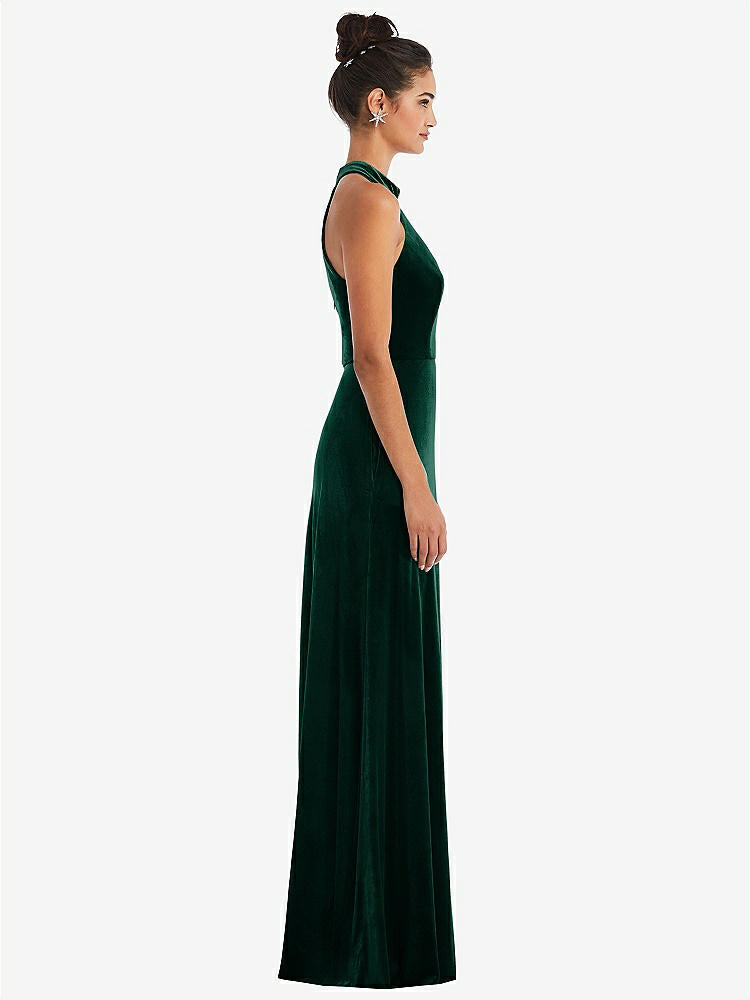 【STYLE: TH055】High-Neck Halter Velvet Maxi Dress with Front Slit【COLOR: Evergreen】