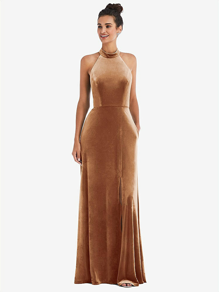 【STYLE: TH055】High-Neck Halter Velvet Maxi Dress with Front Slit【COLOR: Golden Almond】