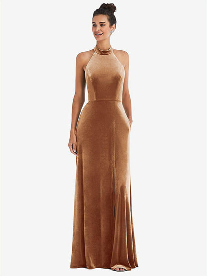 【STYLE: TH055】High-Neck Halter Velvet Maxi Dress with Front Slit【COLOR: Golden Almond】