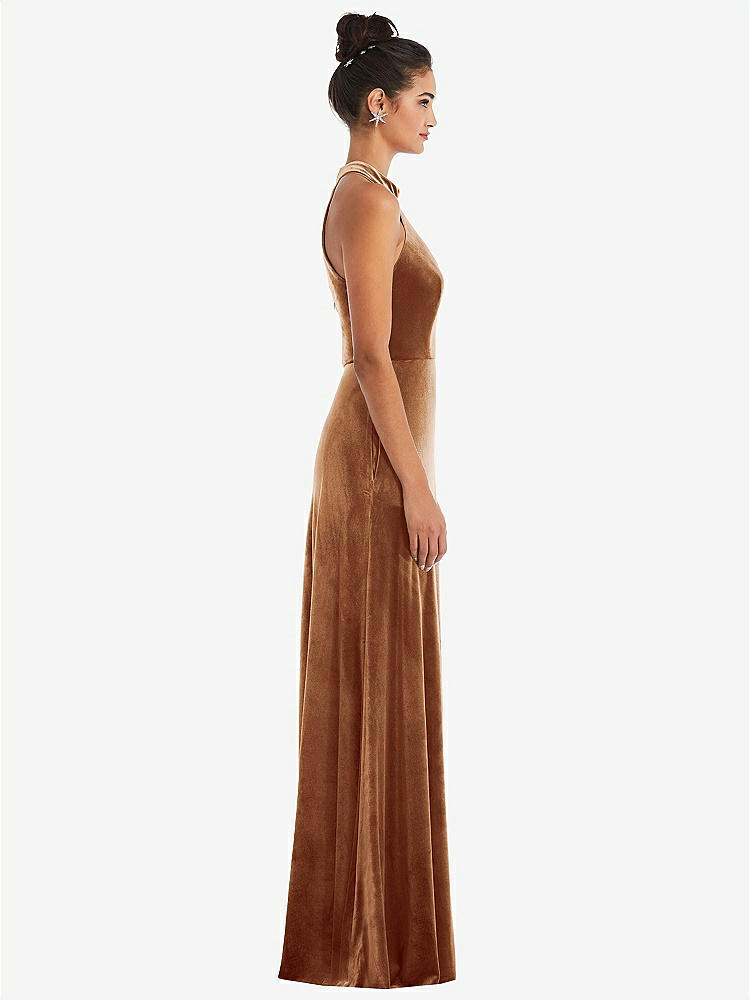【STYLE: TH055】High-Neck Halter Velvet Maxi Dress with Front Slit【COLOR: Golden Almond】