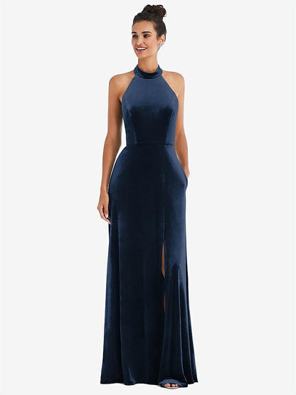 【NEW】【STYLE: TH055】ハイネック ホルター ベルベット マキシ ドレス 前面 スリット【COLOR: Midnight Navy】【SIZE: 00-30W】
