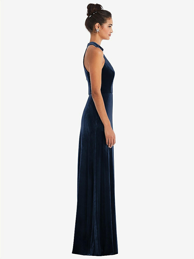 【NEW】【STYLE: TH055】ハイネック ホルター ベルベット マキシ ドレス 前面 スリット【COLOR: Midnight Navy】【SIZE: 00-30W】
