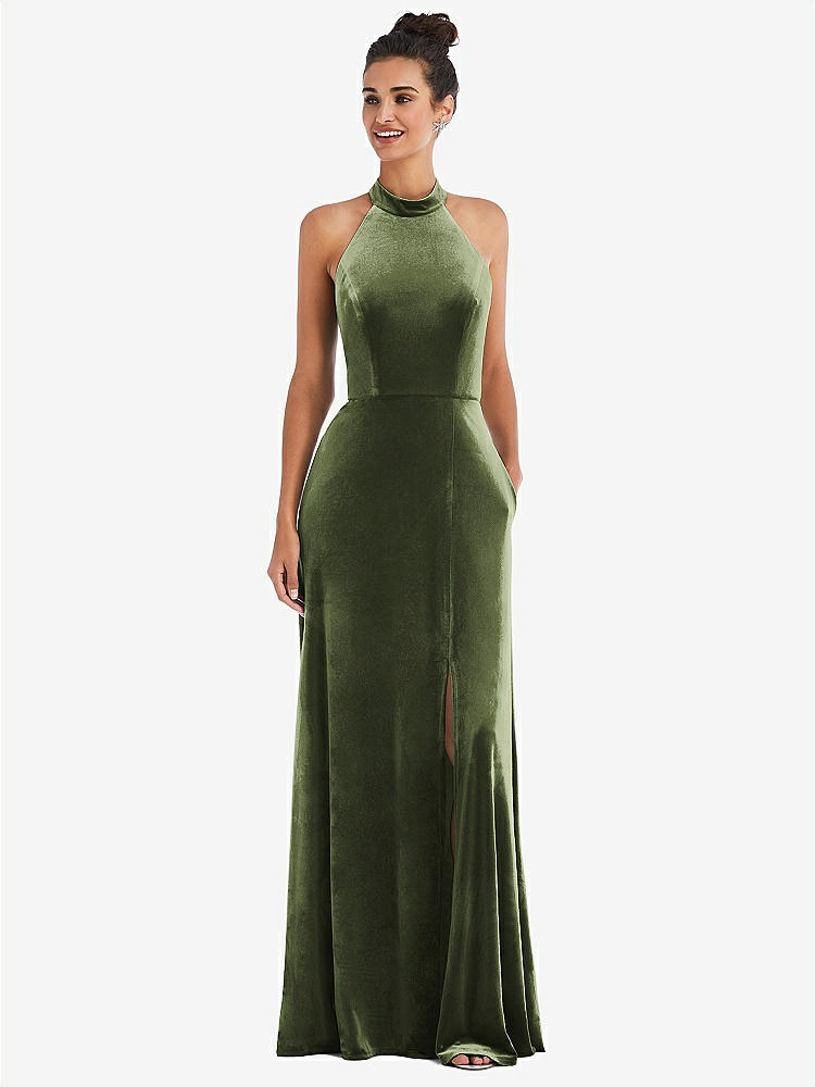 【STYLE: TH055】High-Neck Halter Velvet Maxi Dress with Front Slit【COLOR: Olive Green】