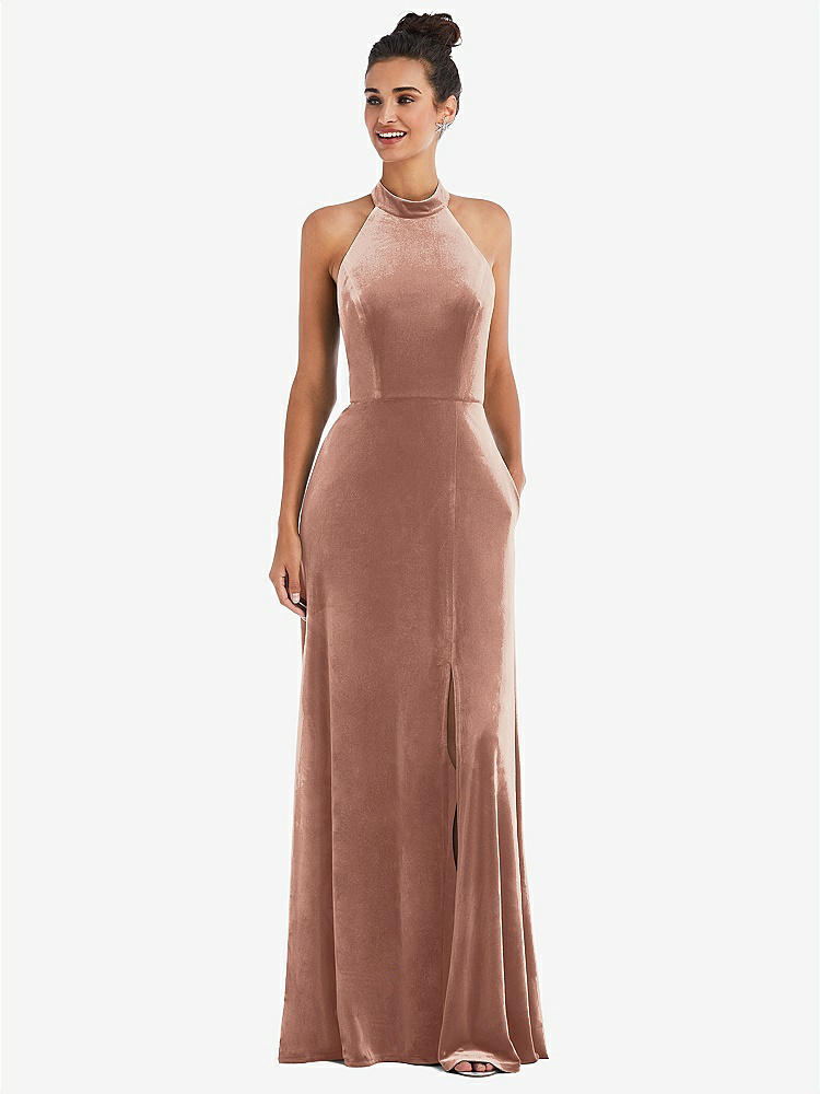 【STYLE: TH055】High-Neck Halter Velvet Maxi Dress with Front Slit【COLOR: Tawny Rose】