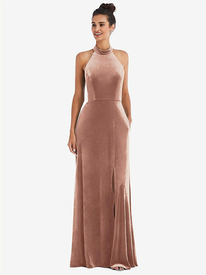 【STYLE: TH055】High-Neck Halter Velvet Maxi Dress with Front Slit【COLOR: Tawny Rose】