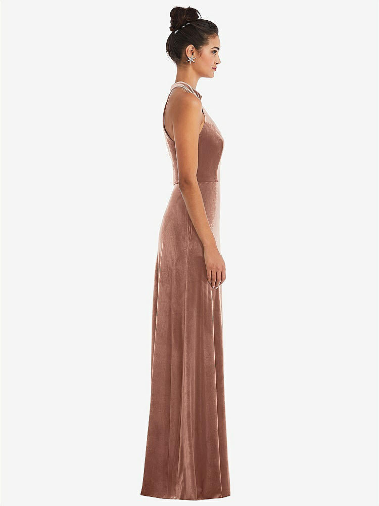 【STYLE: TH055】High-Neck Halter Velvet Maxi Dress with Front Slit【COLOR: Tawny Rose】