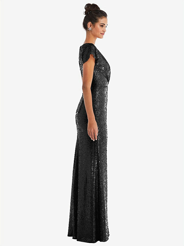 【STYLE: TH056】Cap Sleeve Wrap Bodice Sequin Maxi Dress【COLOR: Black】