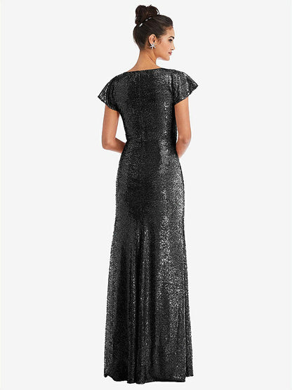 【STYLE: TH056】Cap Sleeve Wrap Bodice Sequin Maxi Dress【COLOR: Black】