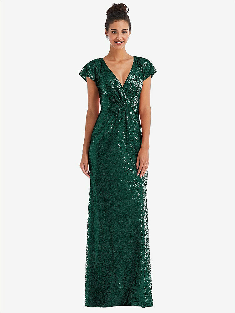 【NEW】【STYLE: TH056】キャップ スリーブ ラップ ボディス スパンコール マキシ ドレス【COLOR: Hunter Green】【SIZE: 00-30W】