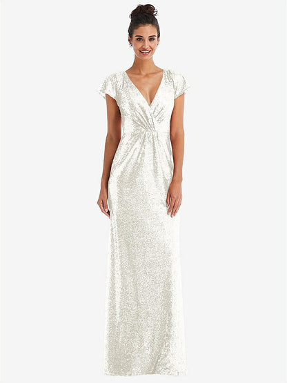【STYLE: TH056】Cap Sleeve Wrap Bodice Sequin Maxi Dress【COLOR: Ivory】