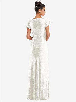 【STYLE: TH056】Cap Sleeve Wrap Bodice Sequin Maxi Dress【COLOR: Ivory】