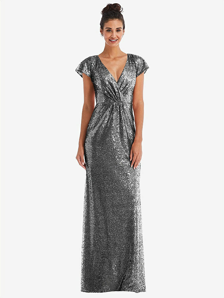 【STYLE: TH056】Cap Sleeve Wrap Bodice Sequin Maxi Dress【COLOR: Stardust】