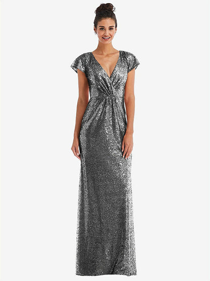 【STYLE: TH056】Cap Sleeve Wrap Bodice Sequin Maxi Dress【COLOR: Stardust】