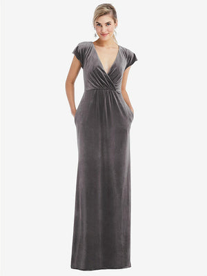 【STYLE: TH057】Flutter Sleeve Wrap Bodice Velvet Maxi Dress with Pockets【COLOR: Caviar Gray】