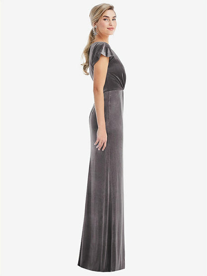 【STYLE: TH057】Flutter Sleeve Wrap Bodice Velvet Maxi Dress with Pockets【COLOR: Caviar Gray】