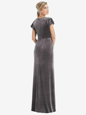 【STYLE: TH057】Flutter Sleeve Wrap Bodice Velvet Maxi Dress with Pockets【COLOR: Caviar Gray】