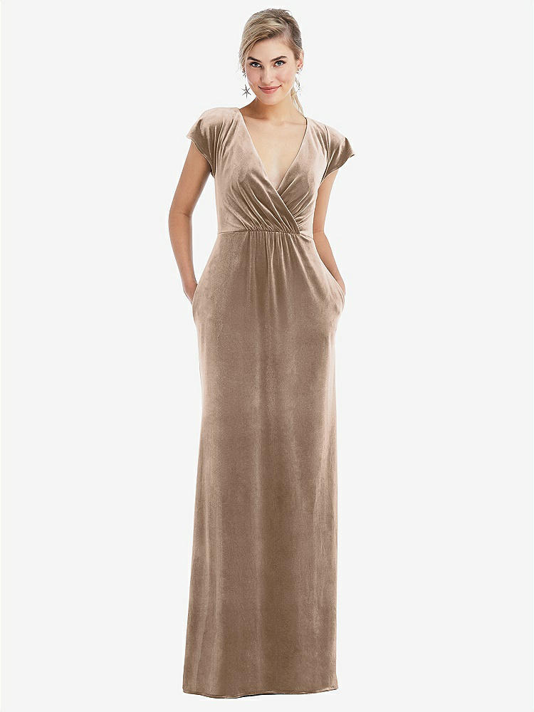 【NEW】【STYLE: TH057】フラッター スリーブ ラップ ボディス ベルベット マキシ ドレス ポケット付き【COLOR: Topaz】【SIZE: 00-30W】