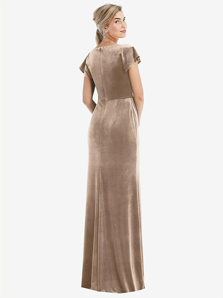 STYLE: TH057】Flutter Sleeve Wrap Bodice Velvet Maxi Dress with