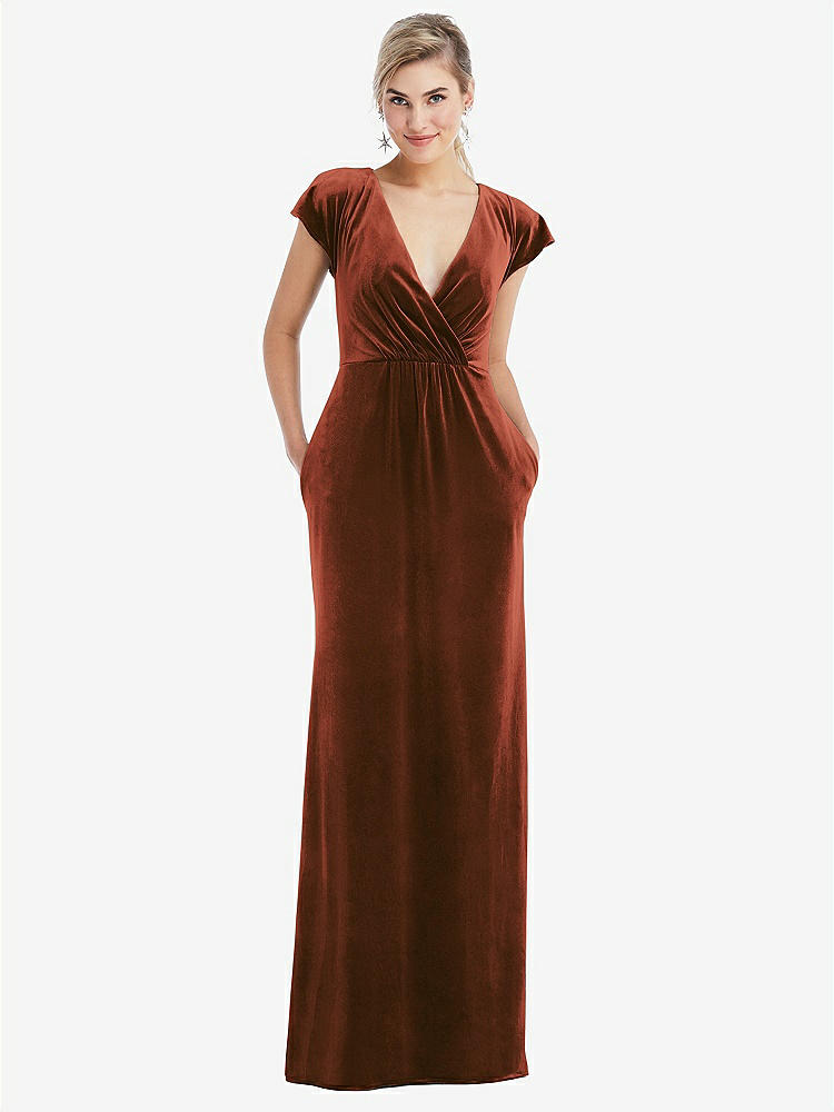 【STYLE: TH057】Flutter Sleeve Wrap Bodice Velvet Maxi Dress with Pockets【COLOR: Auburn Moon】