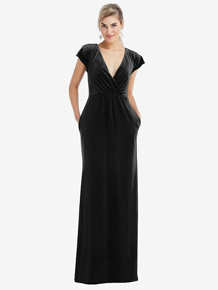 【STYLE: TH057】Flutter Sleeve Wrap Bodice Velvet Maxi Dress with Pockets【COLOR: Black】