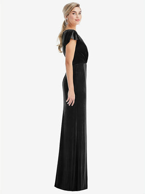 【STYLE: TH057】Flutter Sleeve Wrap Bodice Velvet Maxi Dress with Pockets【COLOR: Black】