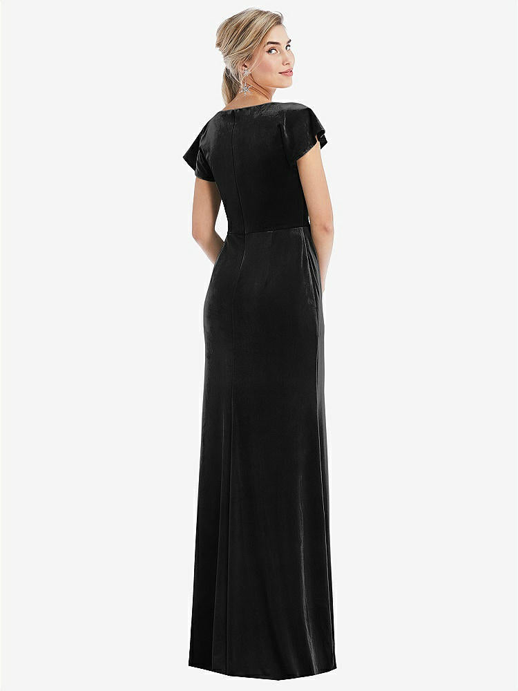 【STYLE: TH057】Flutter Sleeve Wrap Bodice Velvet Maxi Dress with Pockets【COLOR: Black】