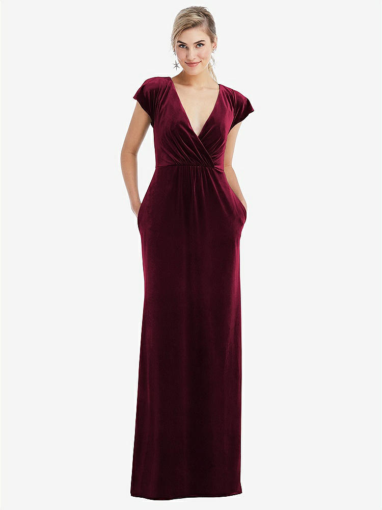 【STYLE: TH057】Flutter Sleeve Wrap Bodice Velvet Maxi Dress with Pockets【COLOR: Cabernet】