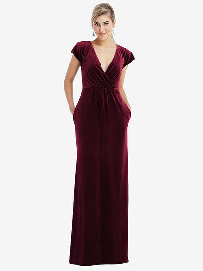 【STYLE: TH057】Flutter Sleeve Wrap Bodice Velvet Maxi Dress with Pockets【COLOR: Cabernet】